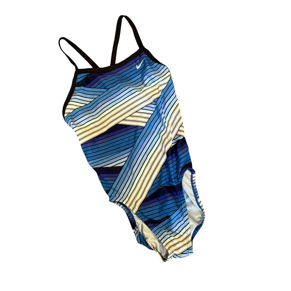 Nike Swimsuit Womens Small Blue Striped Athletic Racerback Training One Piece